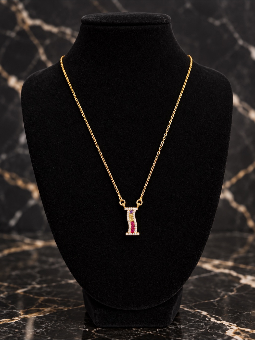 MOLAYES Initial I Necklace Gold Plated Multicolor Stones 18” + 2” Extender
